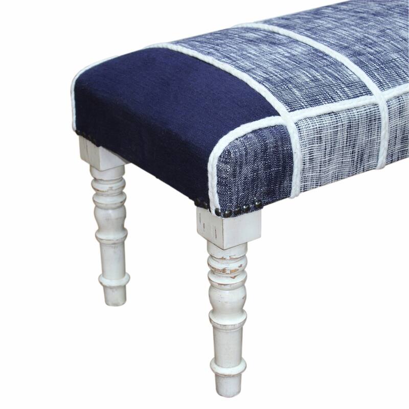 Wood Navy Blue Cotton Upholstered Bench Plaid Embroidery Nailhead Trim - 6” D x 47” W x 18” H