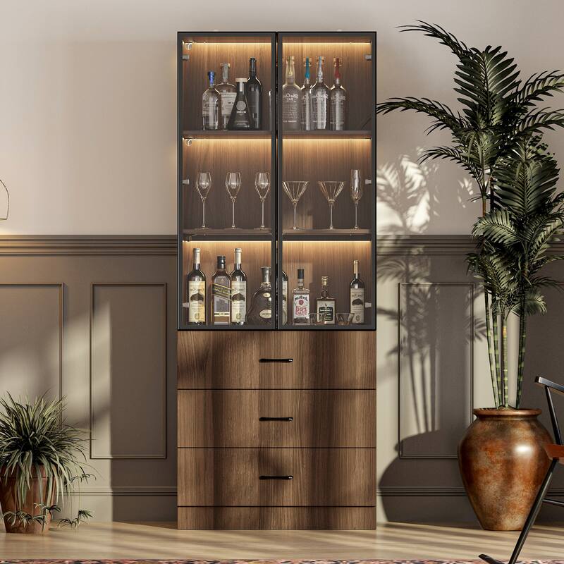 Bookshelves Bookcase Modular Glass Display Cabinet with LED Lights, Dark Wood Storage Combination Cabinet System - 31.5"W(Only)