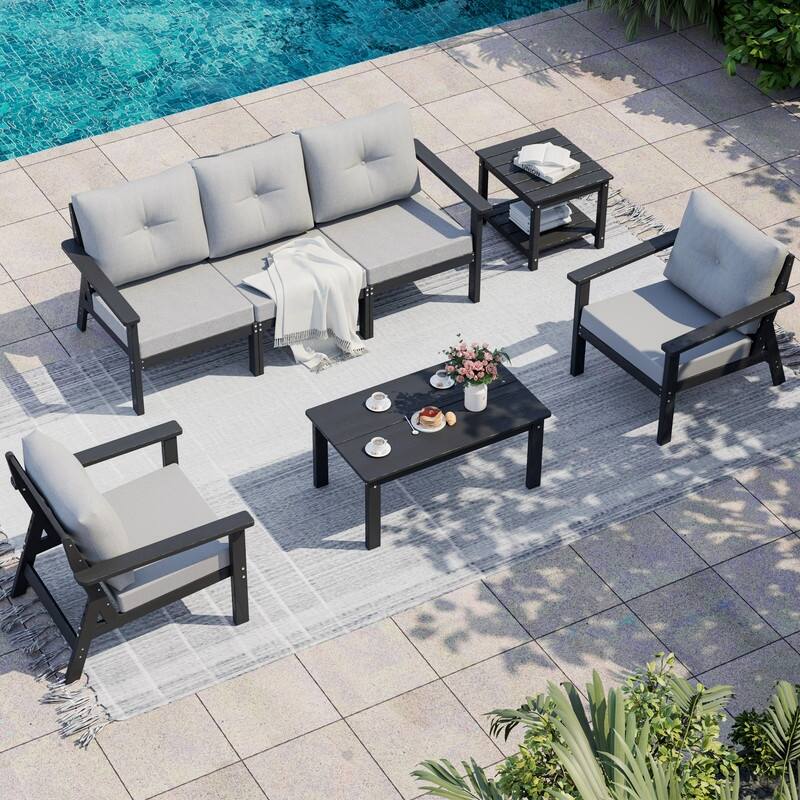 7-Piece HDPE Patio Conversation Seating Set with Cushions - 7-Pieces - Black