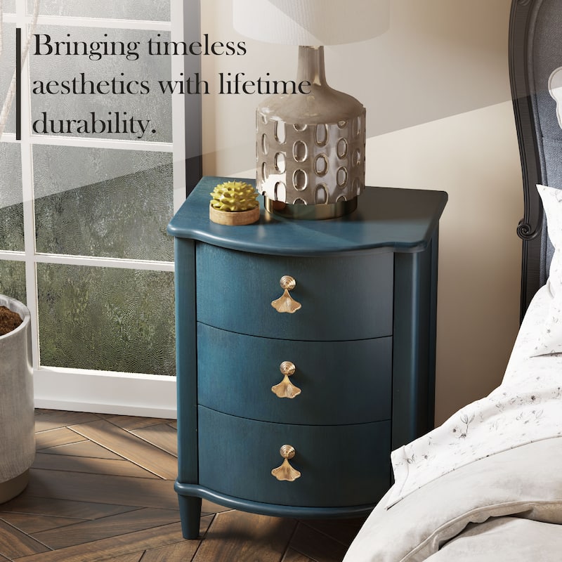 COZAYH Elegant 3-Drawer Nightstand with Gold Leaf Handles, Vintage Curved Front Design, Distressed Finish