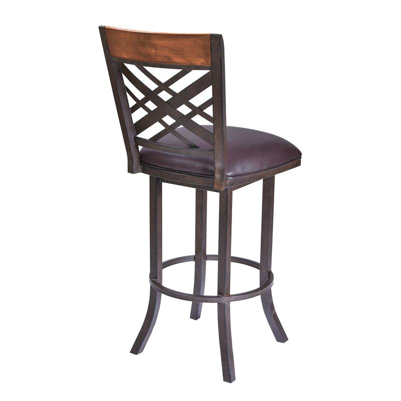 30" Bar Height Stool Brown Faux Leather Upholstered Seat with Iron Frame and Footrest for Kitchen or Bar