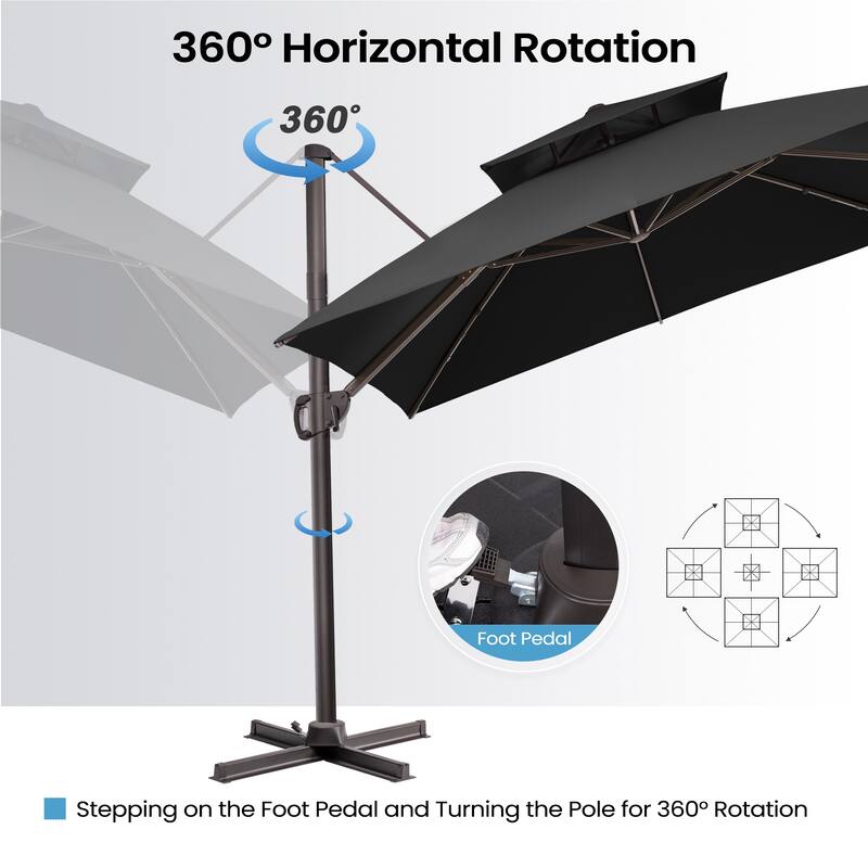 11 x 11 FT Outdoor Square Cantilever Offset Umbrella 360 Degrees Rotation with Base
