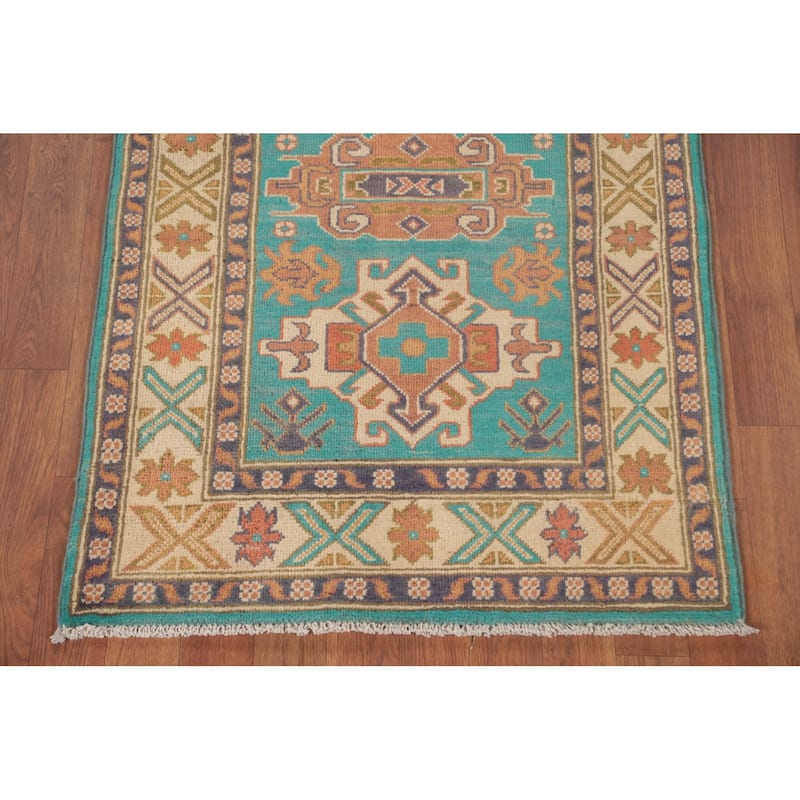 Turquoise Green Kazak Oriental Foyer Rug Handmade Wool Carpet - 2'7" x 4'3"