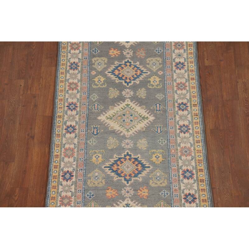 Gray Kazak Runner Rug Hand-Knotted Wool Carpet - 2'7" x 9'7"