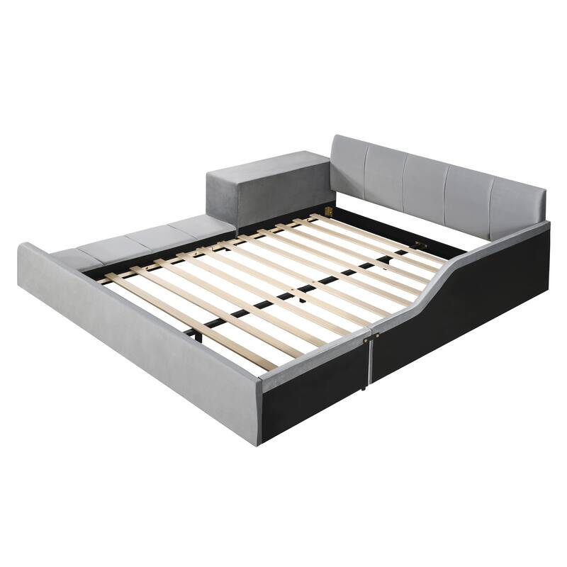 Queen Size Upholstered Grounded Bed, Mother & Child Bed with Bedside Desk and Little Round Stool, Velvet, Gray