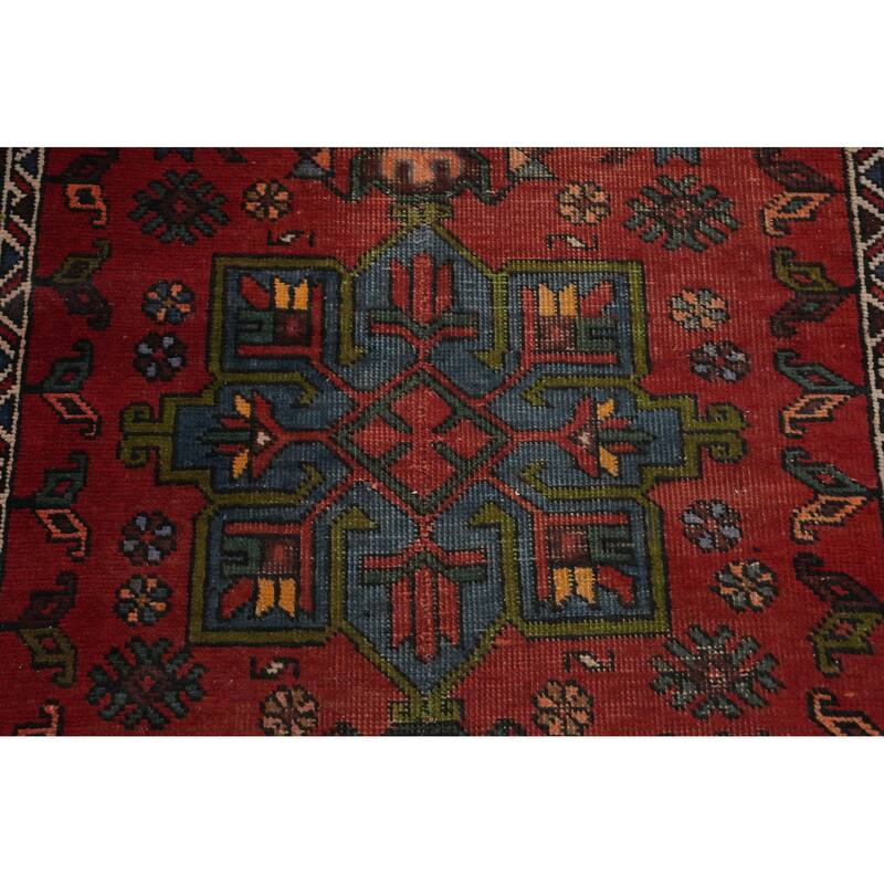 Hand Knotted Oriental 100% Wool Carpet Traditional Geometric Red Heriz Runner Rug - 10' 9'' X 3' 2''