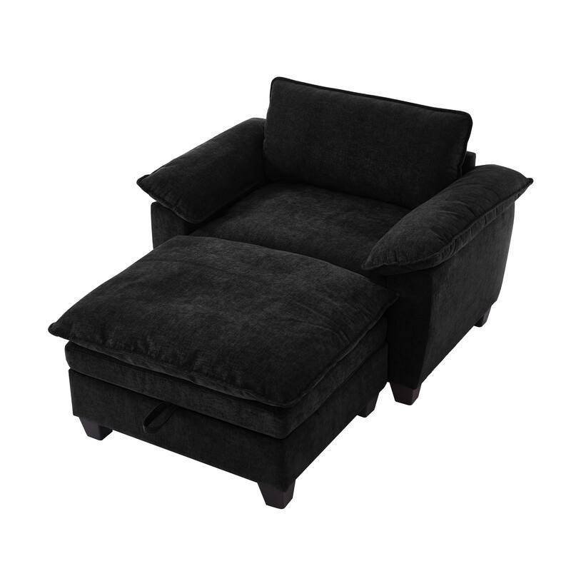 Cloud Lazy Chaise Lounge, Single Sofa Chair & Storage Ottoman Set of 2, Oversize Chenille Upholstered Lounge Sleeper Sofa