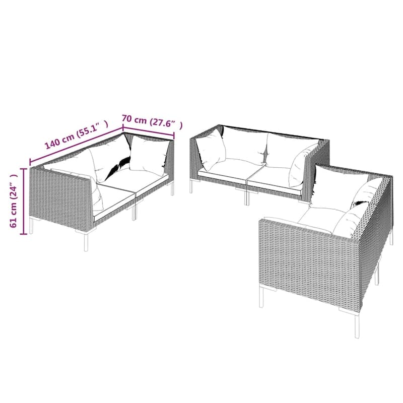 vidaXL Patio Lounge Set Outdoor Sectional Sofa Set Table Poly Rattan Dark Grey - 27.6" x 27.6" x 24"