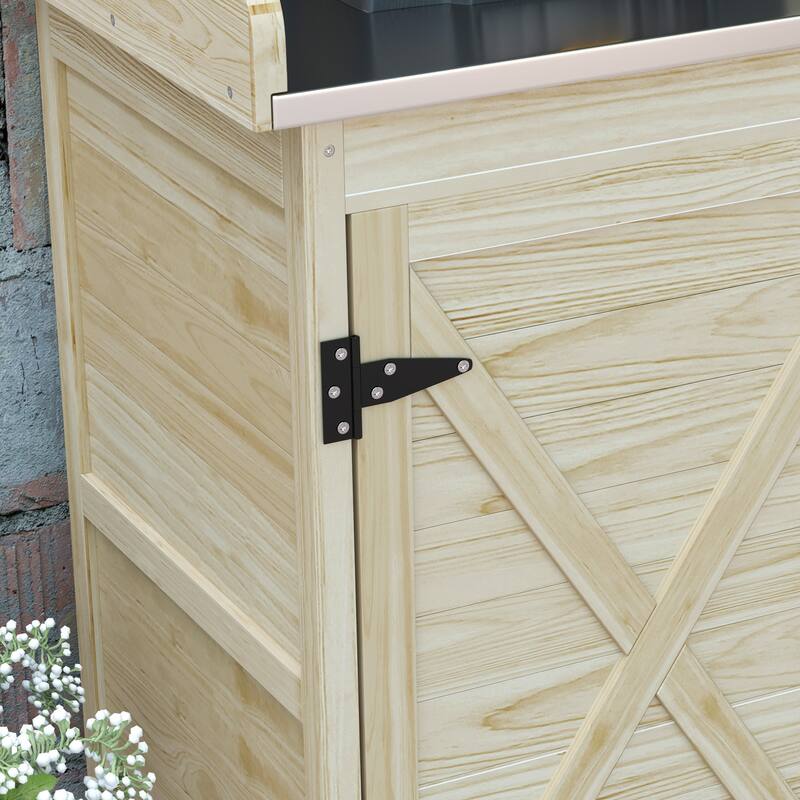 Outsunny Wooden Potting Bench, Outdoor Potting Table with Storage Cabinet, Storage Shelves, Aluminum Table Top