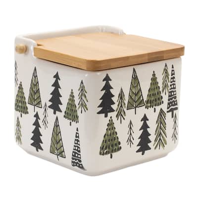 Ceramic Pine Tree Canister with Wood Lid 5.25"L