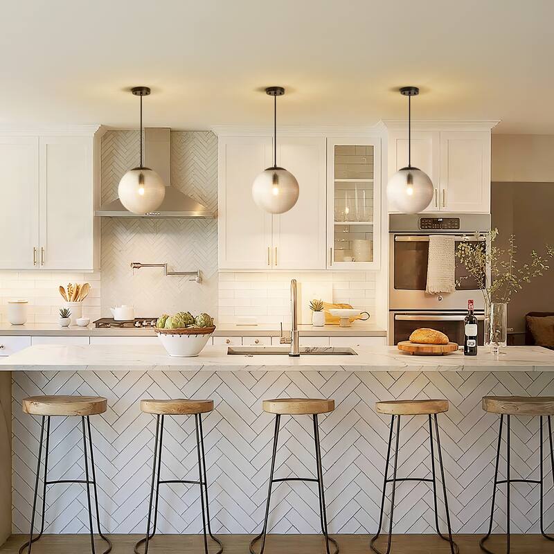 1-Light Modern Indoor Matte Black Finish Kitchen Island Pendant Lights with Globe Diamond Textured Grey/Clear Glass Shade