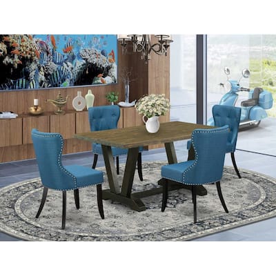 HomeStock 5-Piece Rectangle Distressed Jacobean Finish Solid Wood Top Dining table with 4 Chairs