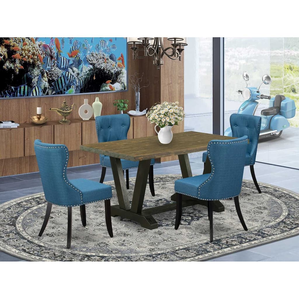 HomeStock 5-Piece Rectangle Distressed Jacobean Finish Solid Wood Top Dining table with 4 Chairs