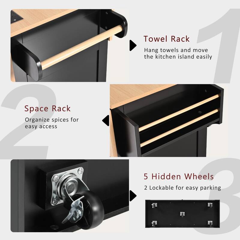 Rolling Kitchen Island Cart, Mobile Kitchen Island on 5 Wheels with 2 Drop Leaf, Power Outlet, Storage Cabinet & Drawers