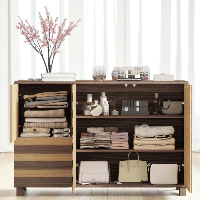 55" Hand-Carved Buffet Sideboard Cabinet with Storage, 2 Drawers and 3 Doors, Coffee Bar Console with Adjustable Shelves