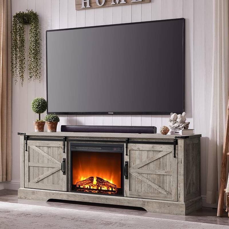 Farmhouse Fireplace TV Stand for 75'' TV, Rustic Entertainment Center - Light Rustic Oak