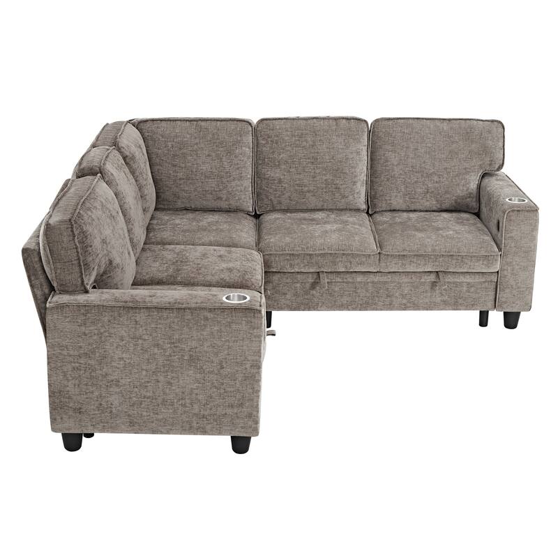 81" Chenille L-Shaped Sofa Bed with Pull-Out Mattress, Storage and USB Charging, 5-Seater