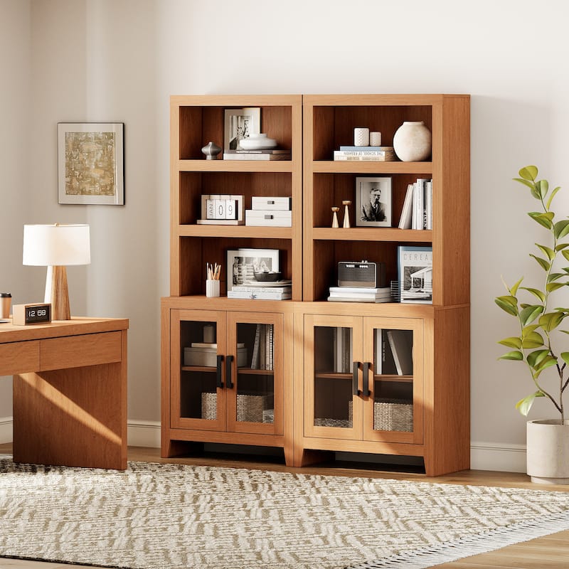 WAMPAT 3 Tier Bookshelf with Glass Door, 74" Tall Bookcase with Adjustable Shelf and Storage Cabinet, Farmhouse Wooden Bookshelf - 62-inch width - Mocha