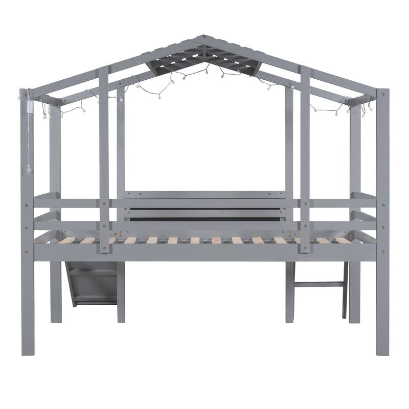 Twin Size Gray House Bed Low Loft Beds for Kids, Wood Playhouse Lofts Bed with Blackboard, Light Strip, Ladder and Slide