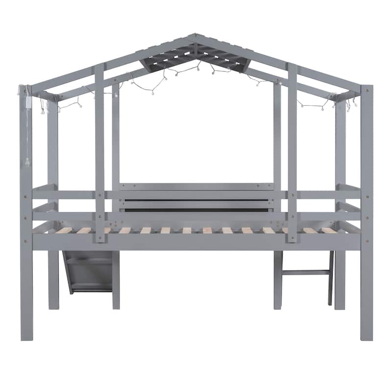 Twin Size Loft Bed with Blackboard and Roof Light Strip