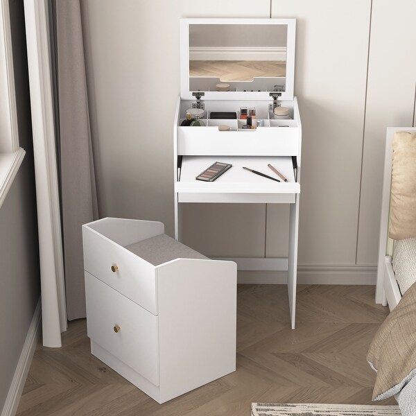 Comfor U Small Dresser with Mirror White Vanity Set Makeup Table with Chair Drawers Mini Space Saving Cute Dresser White