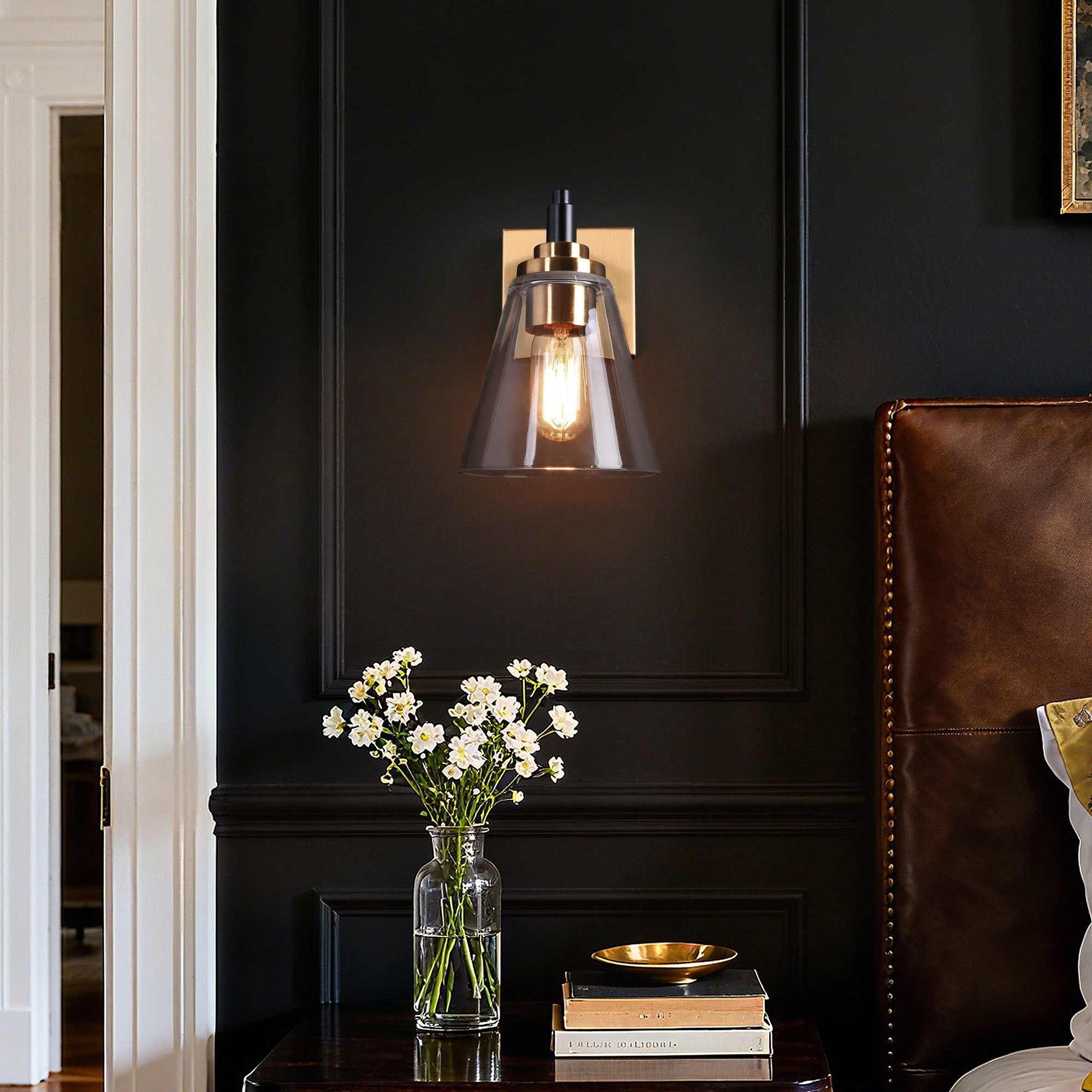 Modern 1-Light Black Gold Glass Wall Sconce Dimmable Bathroom Vanity Lights