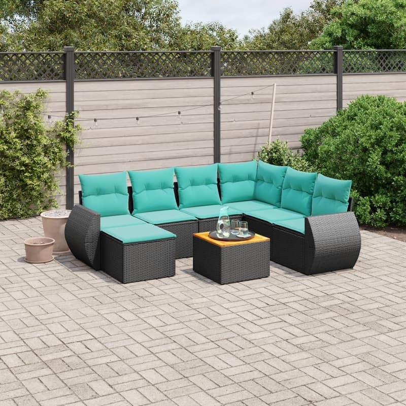 vidaXL 8 Piece Patio Sofa Set with Cushions Black Poly Rattan - 24.4 x 24.4 x 27.2 - Black-3x middle + Table + corner