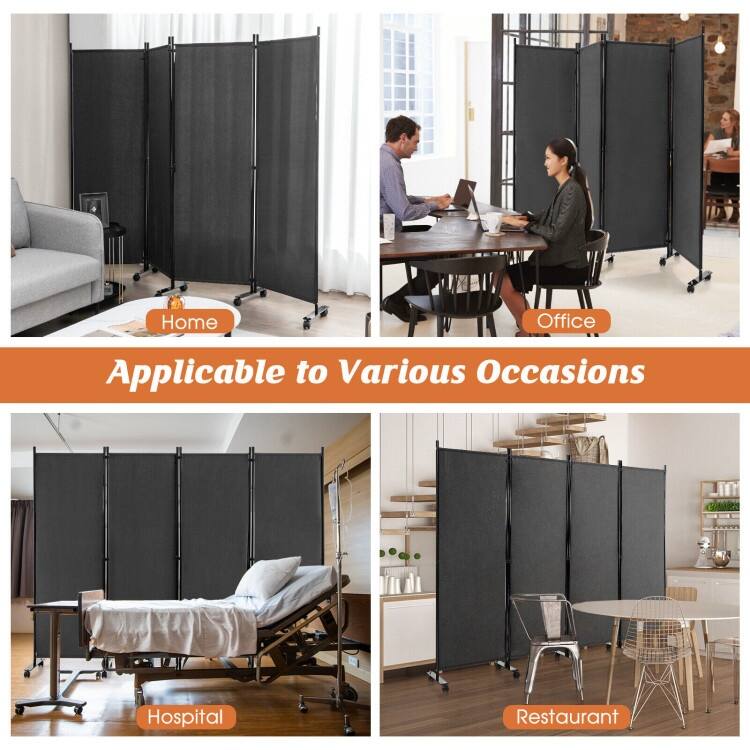 4-Panel Folding Room Divider Rolling Privacy Screen with Lockable Wheels - 89" x 12" x 68" (L x W x H)