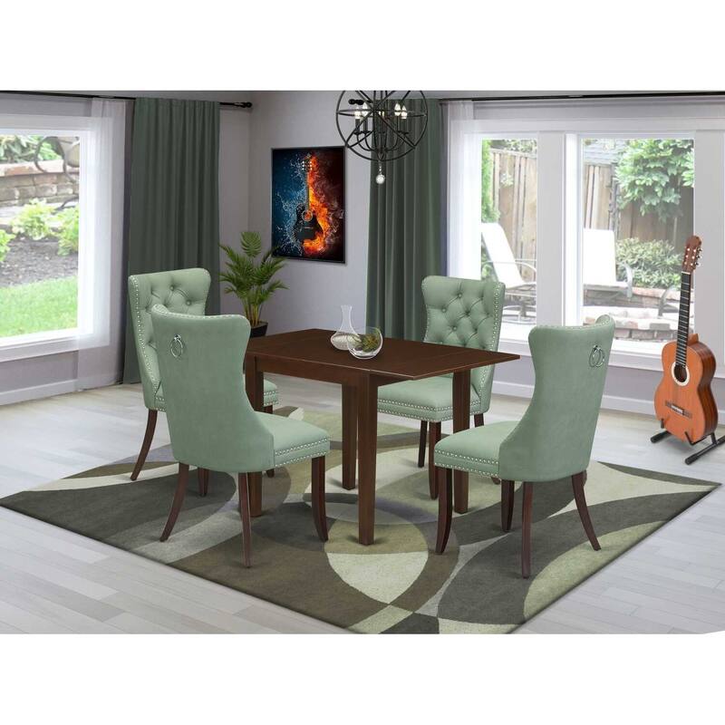 5-Piece Mahogany Finish Solid Wood Top - Rectangular Upholstered Dining Room Set - Seats 4
