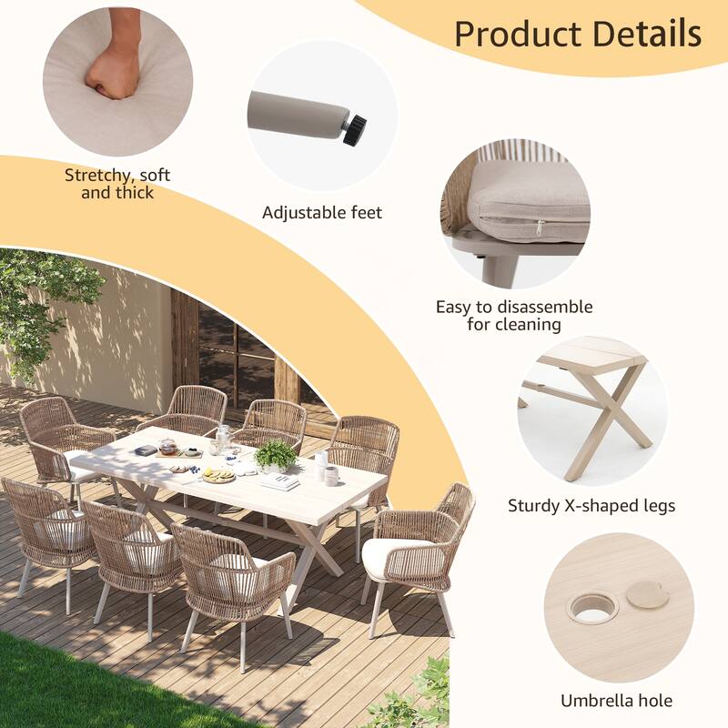 Outdoor Patio Dining Sets with Handwoven Rope Chairs and X-leg Aluminum Dining Table for 8 Persons