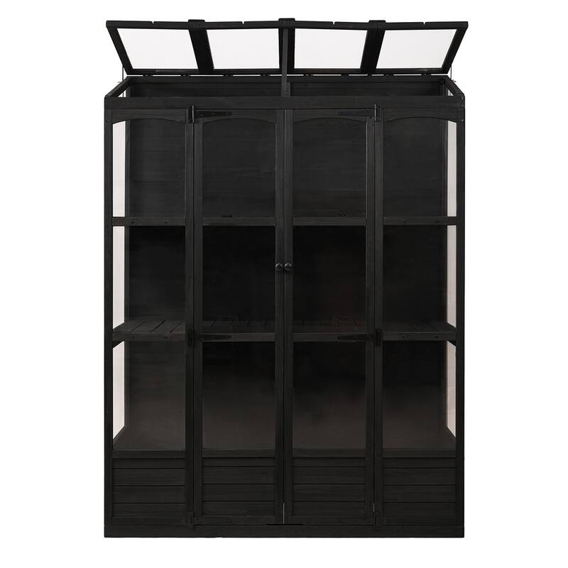 Outdoor Black Wooden Greenhouse with 4 Independent Skylights and 2 Folding Middle Shelves