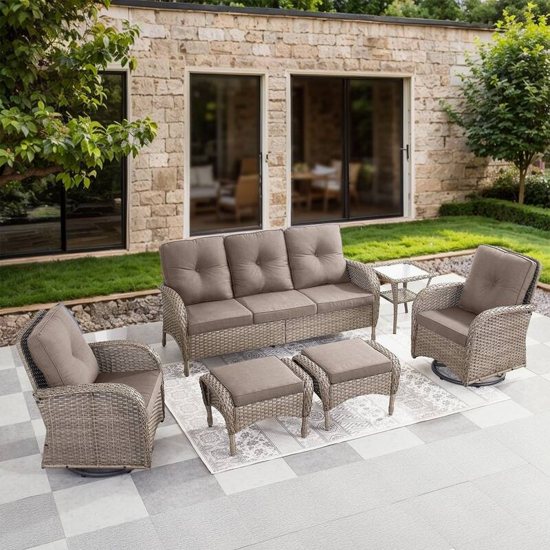 Gymojoy 6-Piece Outdoor Wicker Patio Furniture with 3 Seat Sofa & Swivel Chair, Coversation Set with Water Resistant Cushions - Grey Wicker / Grey Cusion - 6-Piece