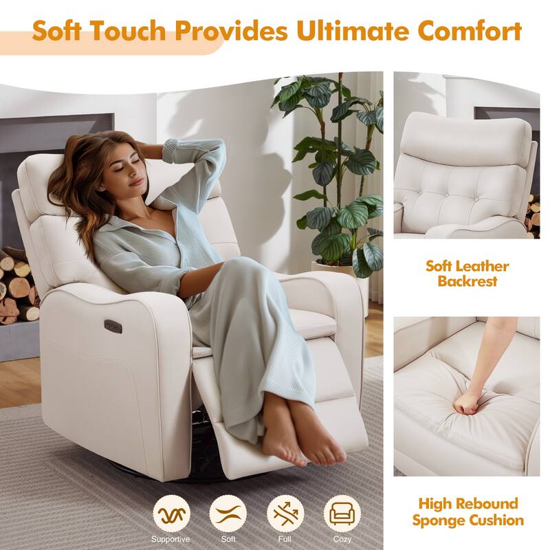 Wide Tufted Back Faux Leather Power Swivel Rocker Recliner With USB and Type-C Port