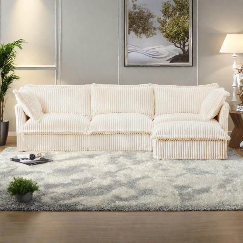120" Corduroy L-Shaped 3-Seater Sectional with Convertible Ottoman, Removable Slipcover and Cloud-Like Cushions
