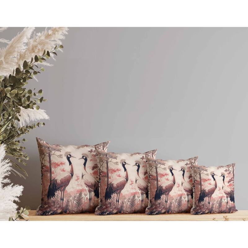 Autumnal Cranes Faux Suede Reversible Throw Pillow Pink and Black