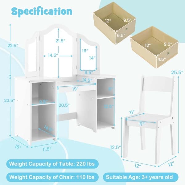dimension image slide 1 of 2, Costway Kids Vanity Table & Chair Set 2-in-1 Princess Pretend Play - See Details