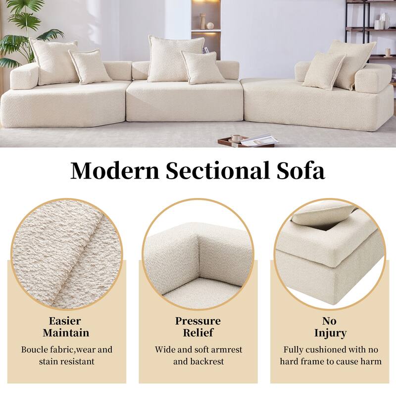 156" Boucle Modular Floor Sectional Sofa, 6 Pillows