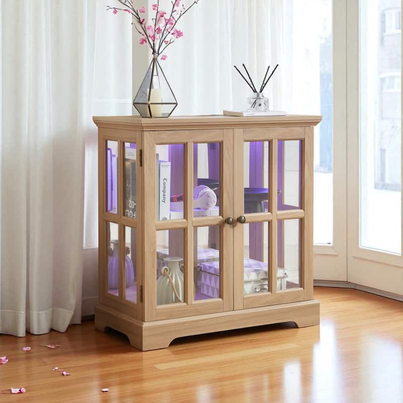 LED Lighted Curio Display Cabinet with Adjustable Shelves, Retro Glass Showcase and Lattice Doors