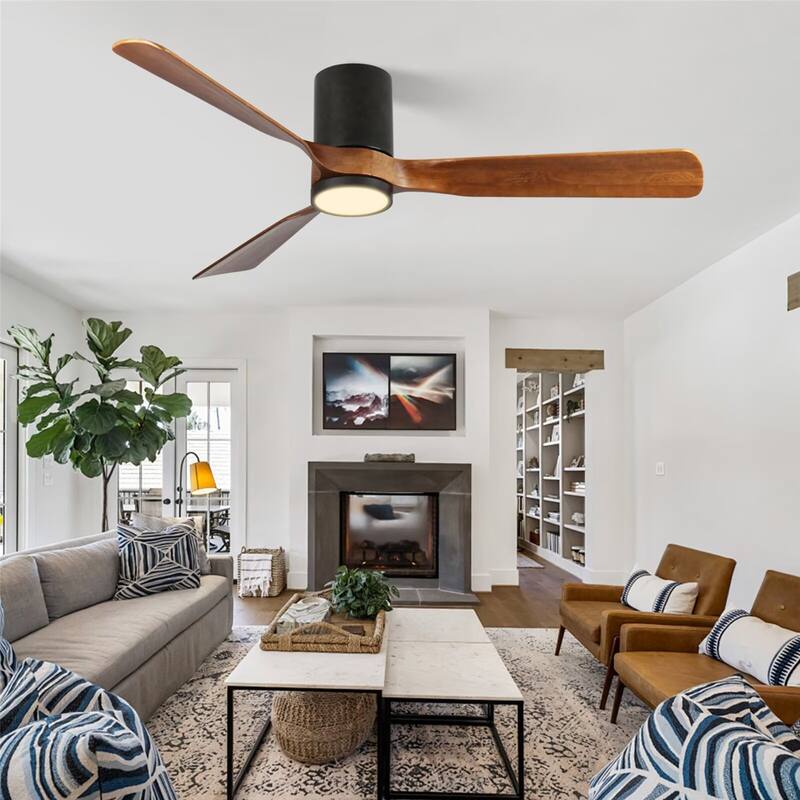 60" LED Flush Mount Ceiling Fan with Wood Blades, 6-Speed DC Remote Control