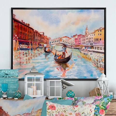 Designart 'Venice Canal Illustration During Summer' French Country Framed Canvas Art Print