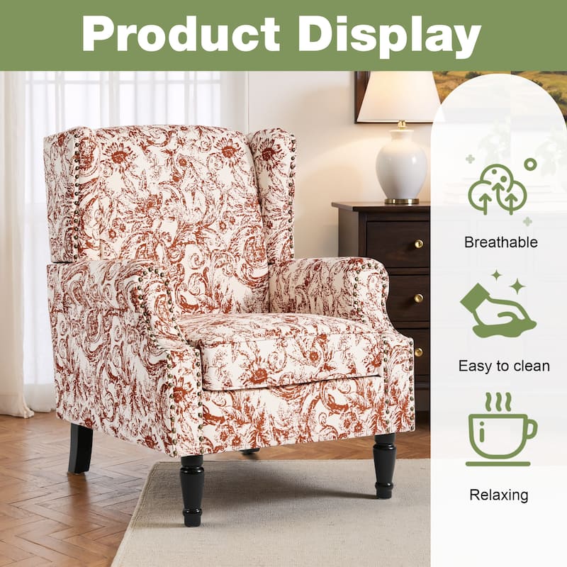 Traditional Floral Patterned Wingback Armchair with Nailhead Trim