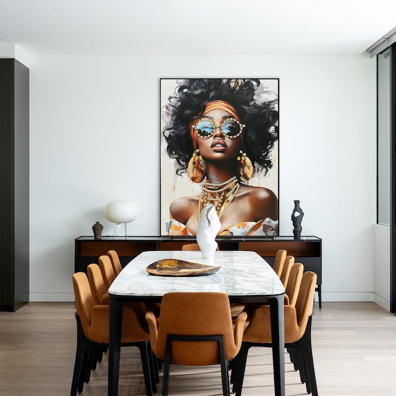 Woman Canvas Wall Art Black Girl With Curly Hair Sunglasses Orange Headwrap Earrings And Necklaces Afrocentric Decor - Black