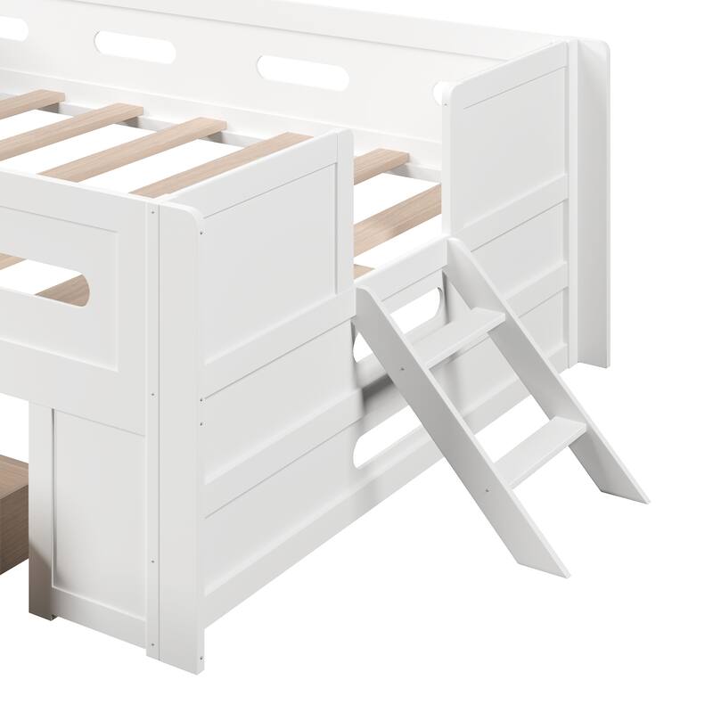 Roomfitters Full/Twin Size Wood Platform Bed with Underbed Storage Drawer and Safety Guardrails, Modern Low Loft Frame