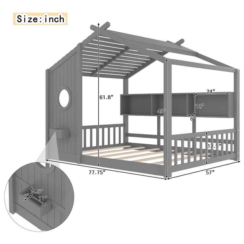 Roomfitters Full Size Floor House Bed with Storage Shelf and Roof Design, Montessori Playhouse Bed