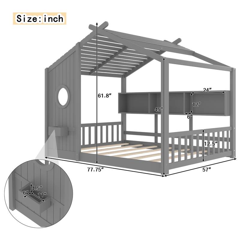 Wooden Kids Montessori Bed, Floor Playhouse Bed for Toddler, House Shaped Platform Bed Frame with Storage Shelves and Roof