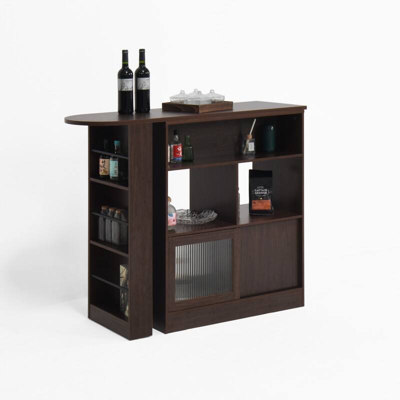 Walnut Modern Bar Cabinet with Rotating Top and Glass Doors
