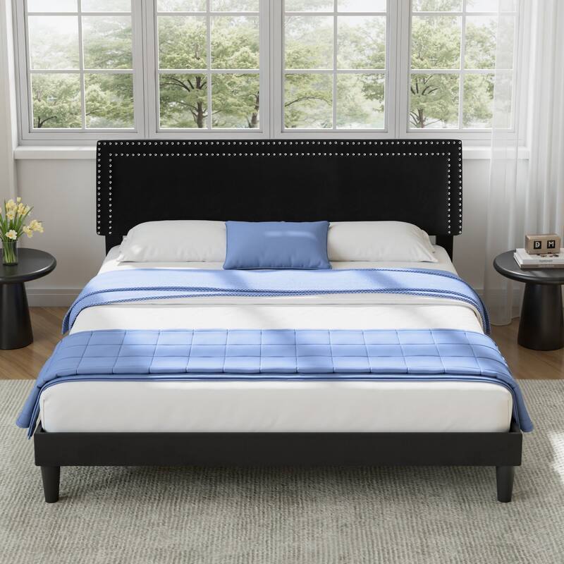 VECELO Upholstered Bed Frames with Height Adjustable Headboard - Black - King