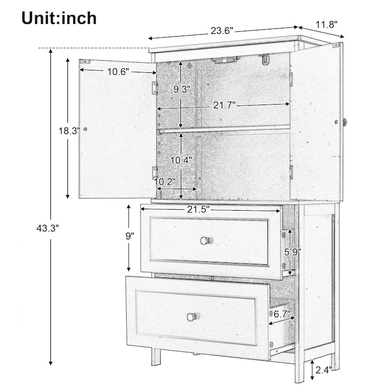 Freestanding Cabinet Floor Storage Cabinet with 2 Doors, Drawers and Adjustable Shelf for Bathroom Kitchen Office Living Room