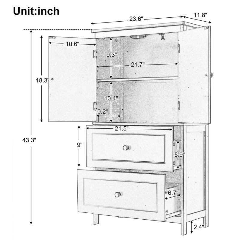 GDFStudio - Emery 43" Tall Bathroom Storage Cabinet with Adjustable Shelf and Dual Drawers, Modern MDF Organizer
