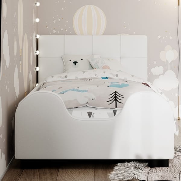slide 2 of 34, Twin Size Upholstered Platform Bed with Guardrail and Headboard,Modern Style Wood Bed White